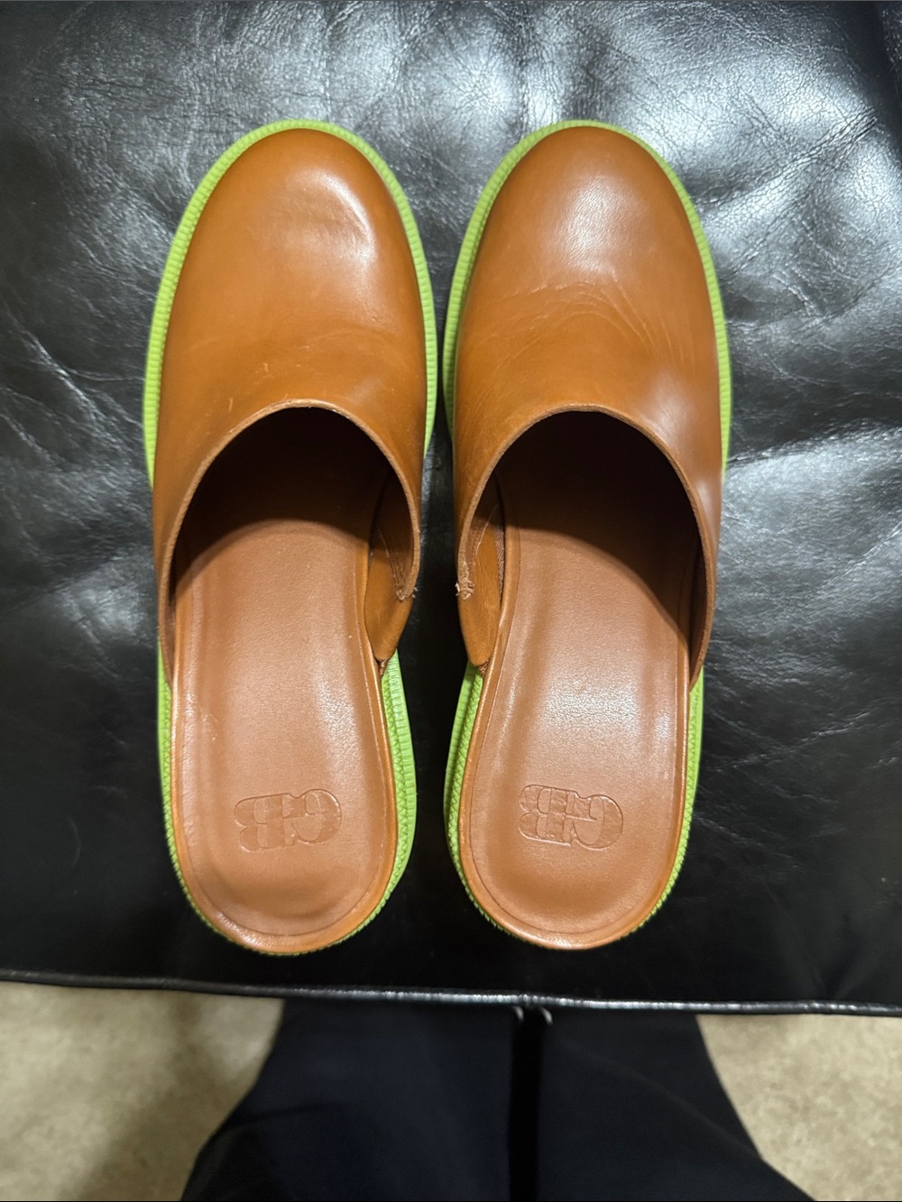 Gianni Bini Tan Leather Mule with Lime Green Chunky Sole - Picture 2 of 3